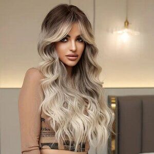 🥑NWT 26" Ombre Blonde Long Wavy Curly Hair Wig %130 Density with Rose Net Cap